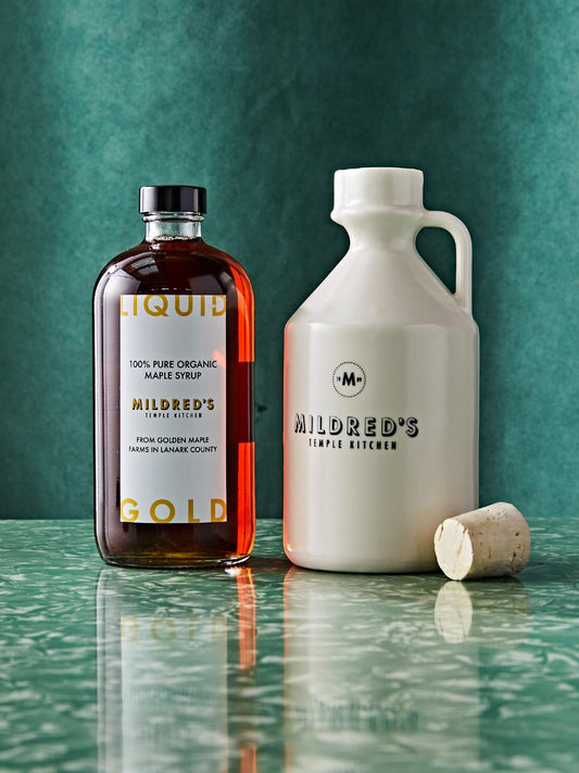 Mildred's Temple Kitchen maple syrup with old fashioned crock jug kit